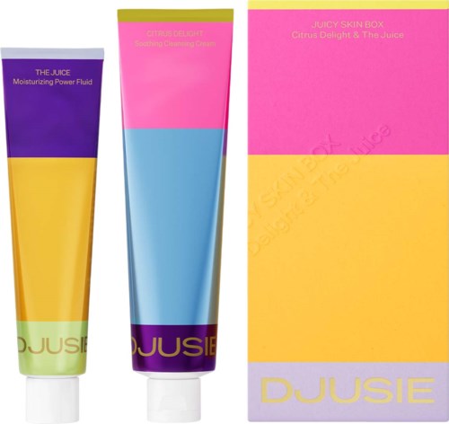 Twee kleurrijke tubes en een doos met roze, geel, paars en blauw voor huidverzorgingsproducten.