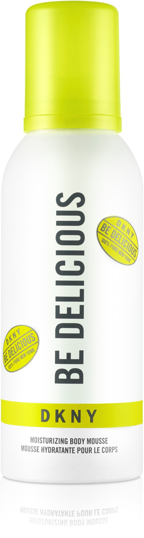 En hvit kroppsmousse-spray med gul lokk og etikett, merket "BE DELICIOUS DKNY" for å fukte huden.