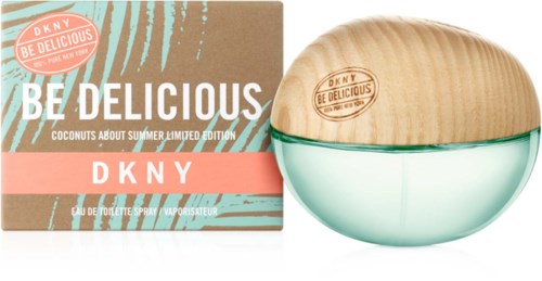 Ein Parfüm mit einer runden Glasflasche und einem holzähnlichen Verschluss, gekennzeichnet DKNY Be Delicious Sommeredition.