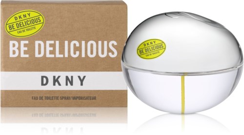 Eine DKNY Be Delicious Parfümflasche und Verpackung mit gelben Aufklebern und einfachem Design.
