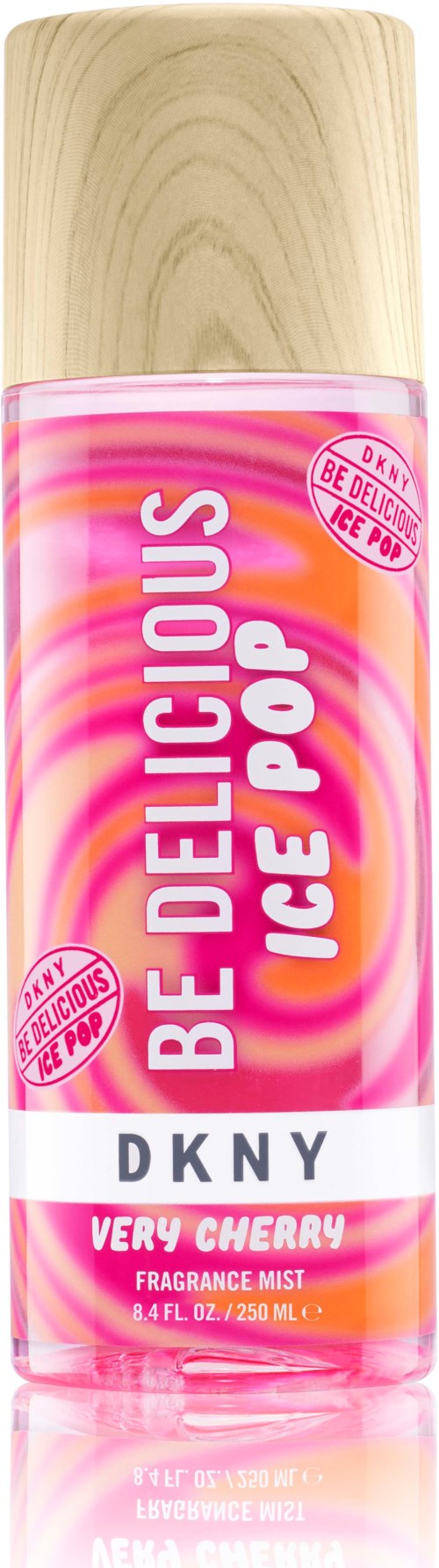 A pink fragrance mist with wooden cap, labeled 'DKNY Very Cherry' and 'Ice Pop', features a swirling design.