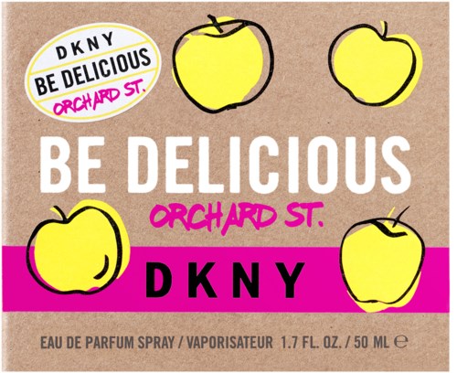 Pudełko perfum DKNY z żółtymi jabłkami, różowymi literami i nazwą marki na brązowym tle.