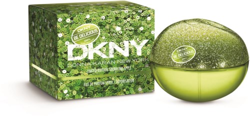 En grön parfyllf bottle och box med glittriga och blommiga mönster, för DKNY Be Delicious parfym. Text nämner limiterad utgåva.