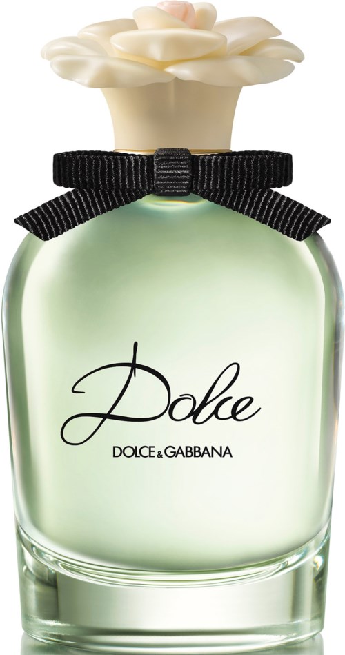 Ein Parfümflasche mit blumenförmigem Verschluss und schwarzem Band, mit 'Dolce' von Dolce & Gabbana, grüner Flüssigkeit.