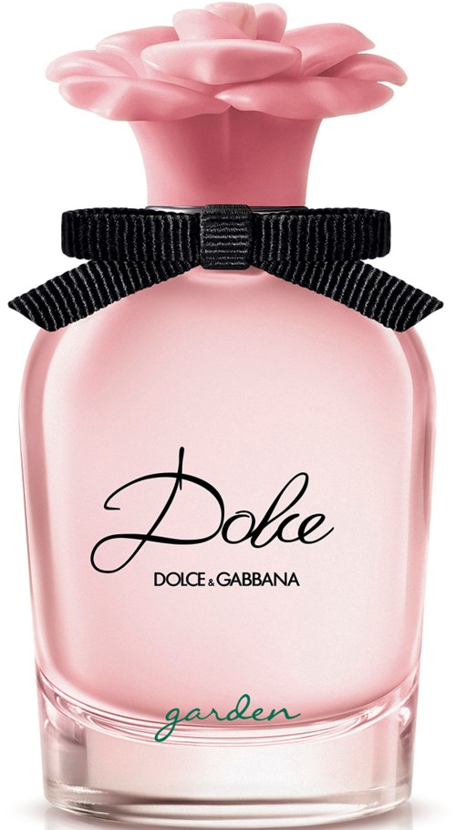 Rosab parfyllflaska med blomformad topp och svart band, märkt 'Dolce Garden' av Dolce & Gabbana.