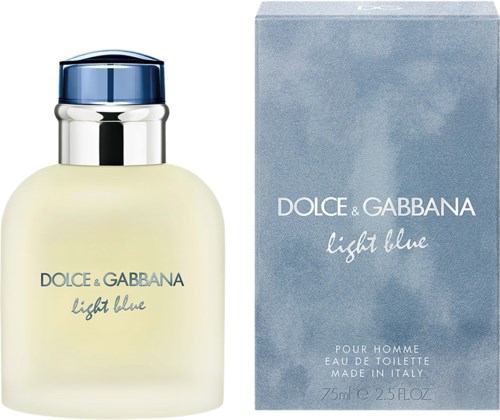 A bottle of Light Blue perfume by Dolce & Gabbana and its box, both in blue and white colors.