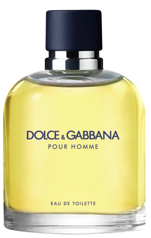 Gelbe Parfümflasche mit blauer Kappe und schwarzem Zerstäuber, gekennzeichnet Dolce & Gabbana Pour Homme Eau de Toilette.