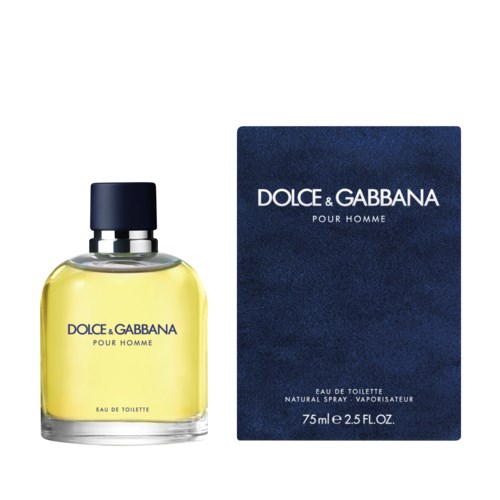 Eine gelbe Parfümflasche und eine passende blaue Verpackung mit weißen Text für Dolce & Gabbana Pour Homme.