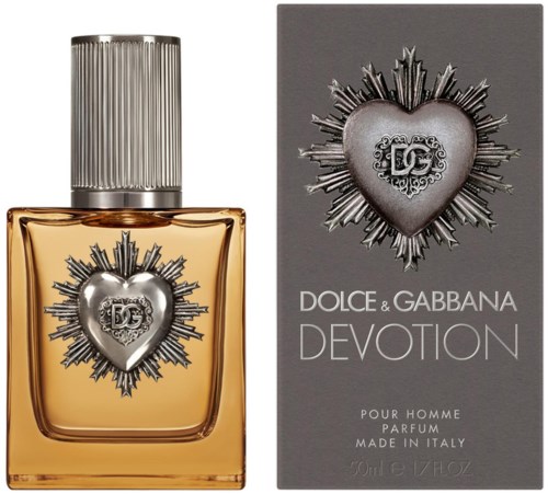 En parfymeflaske og eske med hjerte og stjerneburst-design, merket Dolce & Gabbana Devotion. Elegant og stilfull.