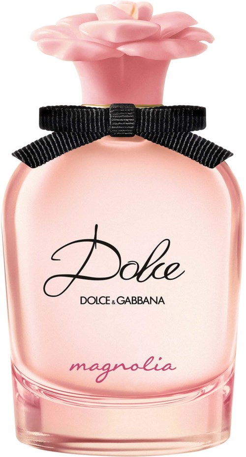 Vaaleanpunainen hajuvesipullo floralikorkilla ja mustalla hindulla, Dolce & Gabbana Magnolia.