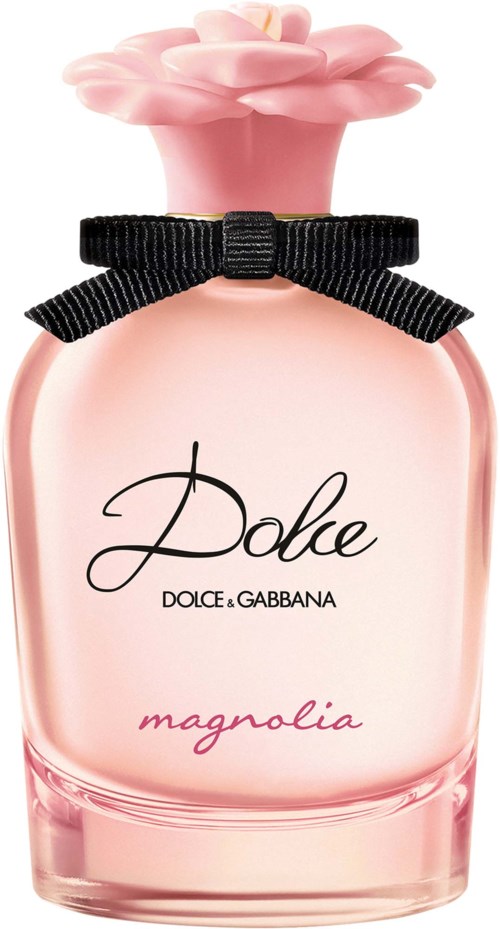 Vaaleanpunainen hajuvesipullo, jossa musta rusetti ja kukkamaista kantta, merkitty Dolce & Gabbana Magnolia.