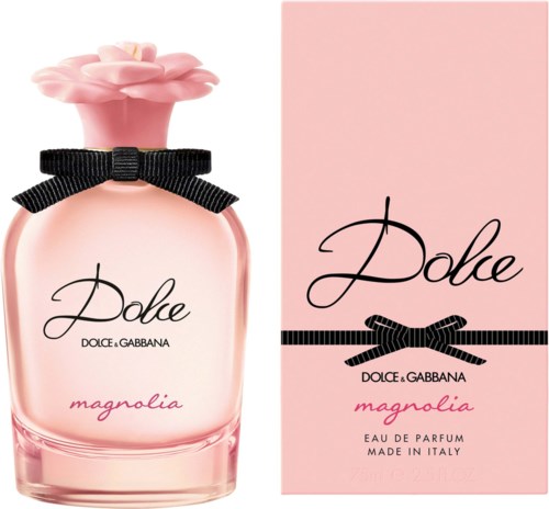 Vaaleanpunainen hajuvesipullo kukkapeitteellä, musta nauha ja samanvärinen laatikko, merkitty Dolce Gabbana Magnolia.