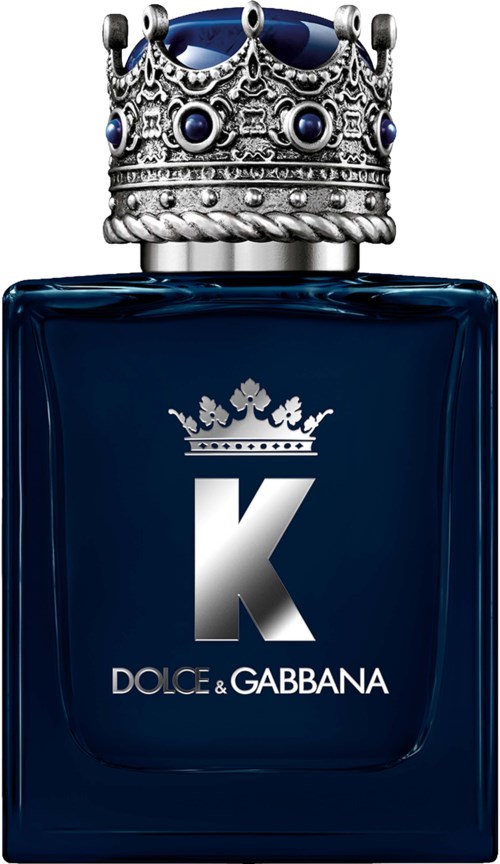 A dark blue perfume bottle with a silver crown on top and a large 'K' on the front, with the name Dolce & Gabbana.