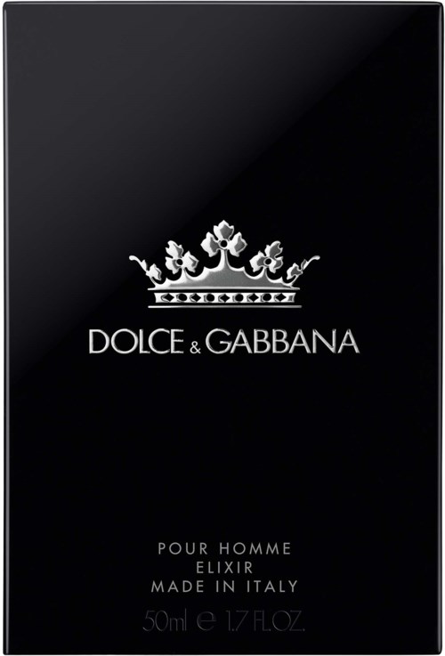 Dolce & Gabbana-logo med en krone, tekst sier for menn, eliksir, laget i Italia, 50 ml.