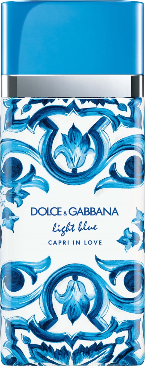 Ein Parfümflasche mit blauem Deckel und blauen Mustern. Beschriftet 'DOLCE & GABBANA Light Blue Capri in Love.'