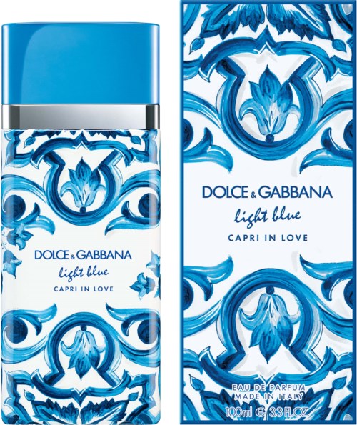 Blumiges Design in Blau auf Parfümflasche und Packung, mit Text 'Dolce & Gabbana Light Blue Capri in Love'.
