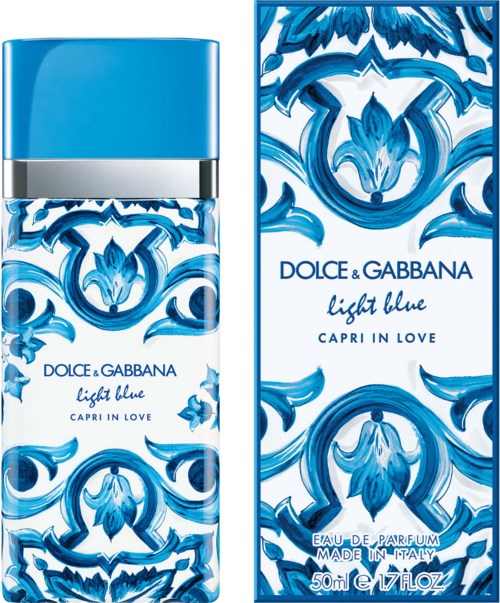 Blau-weiße Blumendufterfüllung mit Verpackung, beschriftet als Dolce & Gabbana Light Blue Capri in Love.
