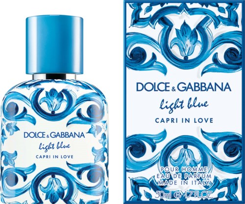 En blå parfymeflaske og eske med blå sirkler og teksten 'Dolce & Gabbana, Light Blue, Capri in Love.'