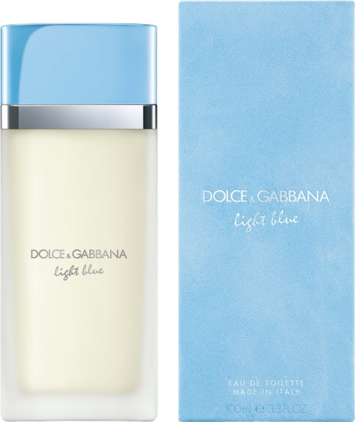 Hellblauer Parfümflasche und passende Verpackung mit Markenname und Duft, 'Light Blue, Eau de Toilette'.