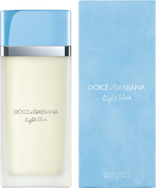 En parfymeflaske med lys blå hette og en lys blå eske ved siden av. Begge har Dolce & Gabbana Light Blue-merket.