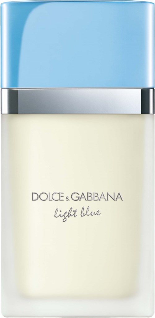 A perfume bottle with a blue cap and white body, labeled Dolce & Gabbana Light Blue.