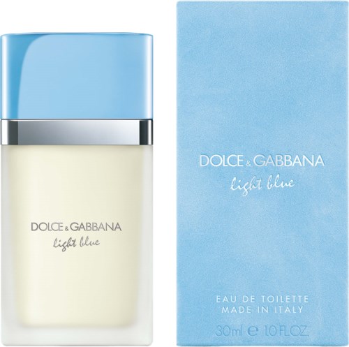 A perfume bottle with a light blue cap and bottle labeled Dolce & Gabbana Light Blue, with a matching blue box.