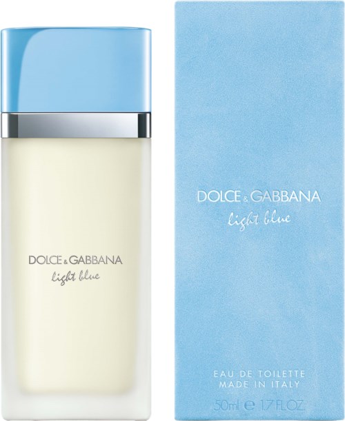 A bottle of Dolce & Gabbana Light Blue perfume next to its blue box.