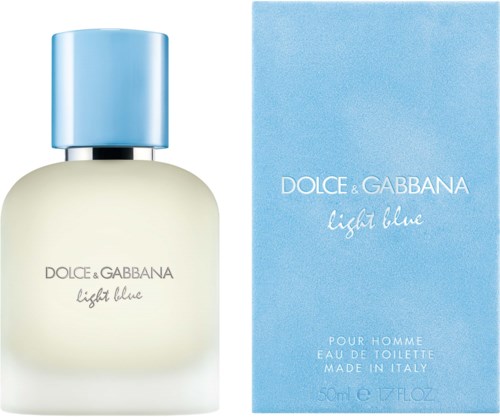 Perfumka i pudełko z napisem 'Light Blue' od Dolce & Gabbana, w niebieskim i białym kolorze.