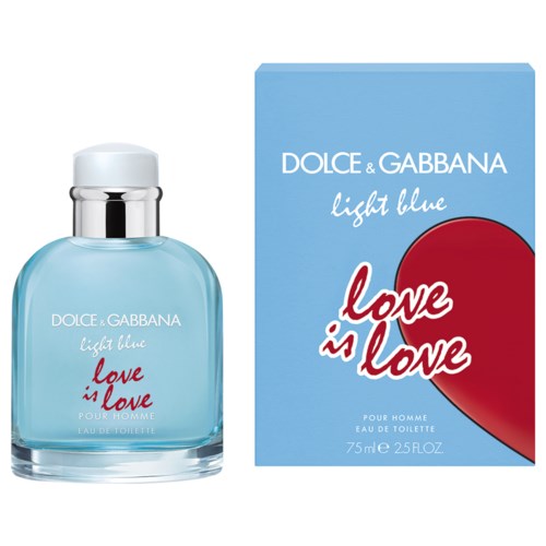 Ein Parfümflasche und Verpackung in Blau und Rot, mit der Aufschrift 'Love is Love' von Dolce & Gabbana.