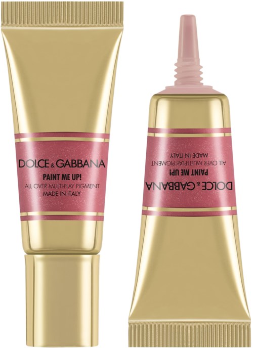 To tubes af Dolce & Gabbana Paint Me Up makeup, guld og pink farver, den ene med spids, den anden uden.