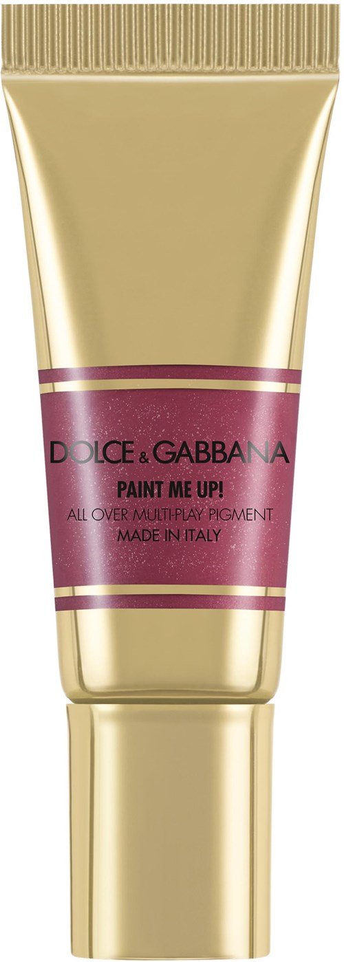 Guldfarvet tube med pink label, siger Dolce & Gabbana, Paint Me Up, hele vejen multi-ray pigment, lavet i Italien.