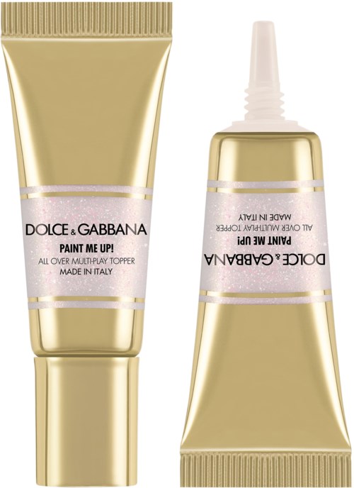 To guld- og lyserøde rør af Dolce & Gabbana Paint Me Up makeup, et med børste, på hvid baggrund.
