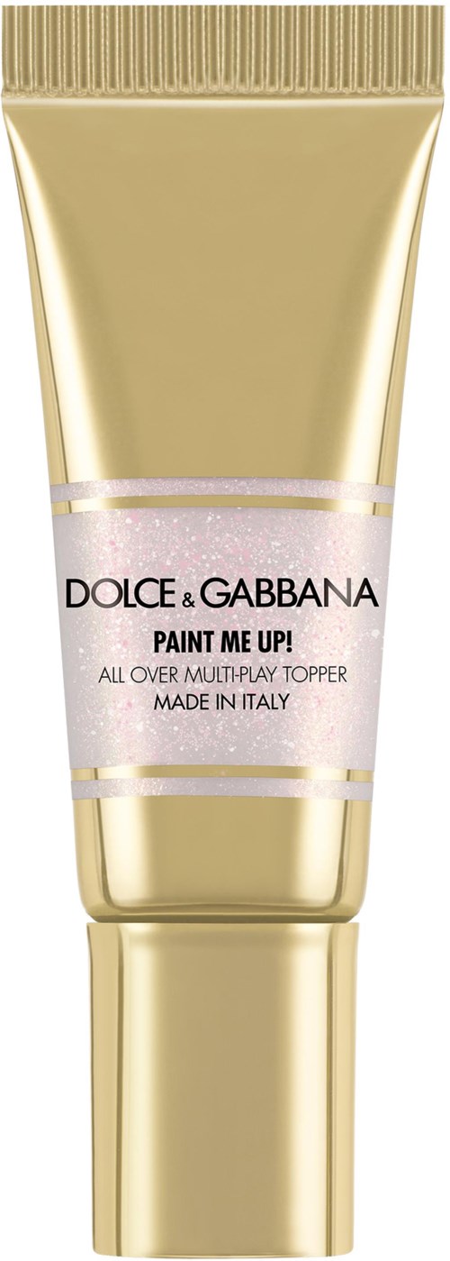 Guldfarvet tube med pink og hvid etikette til Dolce & Gabbana paint makeup, lavet i Italien, til flerformål.