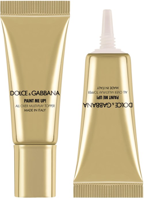 To guldfarvede rør af Dolce & Gabbana Paint Me Up makeup primer, et oprejst, et upside down.