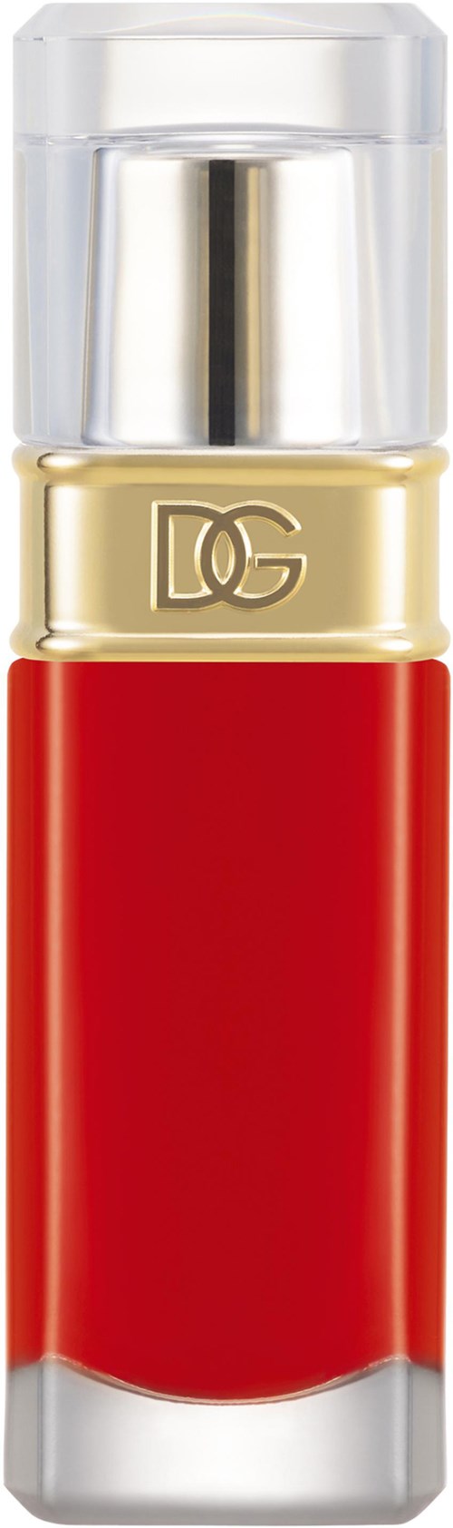 Rød leppestift med klar hette og gullbånd, med DOLG-logo.