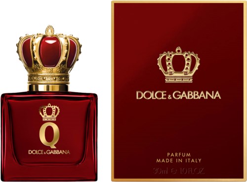 Red perfume bottle with a gold crown-shaped cap, next to a matching gold and red box with a crown logo.