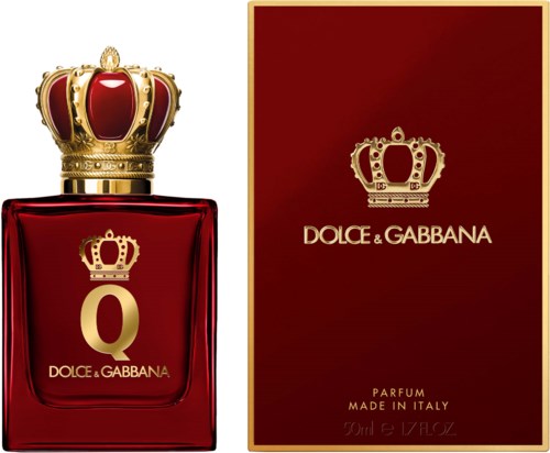 A red perfume bottle with a gold crown on top, next to a matching red box with a crown and text.
