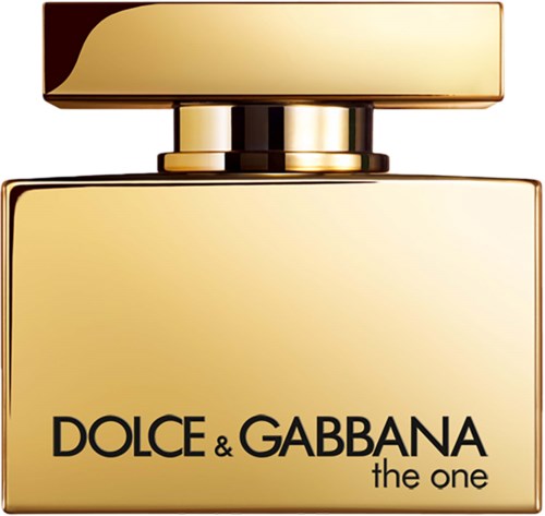 Kultainen hajuvesipullo, jossa lukee 'DOLCE & GABBANA the one'.