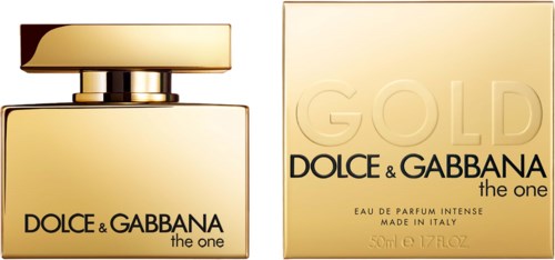 Kultainen hajuvesipullo ja pakkaus Dolce & Gabbanan 'The One' Gold -tuoksulle.