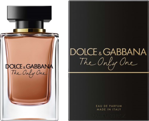 Hajuvesipullo ja rasia Dolce & Gabbana The Only One, musta, kultainen ja persikan värinen, eleganssi suunnittelu.
