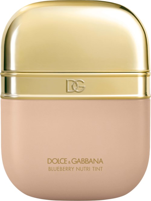 Pieni, ovaalin muotoinen astia, jossa kimmeltävä kultainen yläosa ja vaaleanpunainen alaosa. Siinä on DG-logo ja etiketti Dolce & Gabbana Blueberry Nutri Tint.