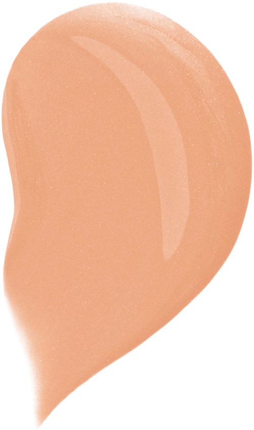 A close-up of a peach-colored, teardrop-shaped makeup sponge with a smooth surface and shiny finish.