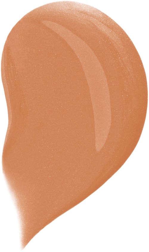 A beige makeup sponge shaped like a teardrop with smooth edges and shiny surface.