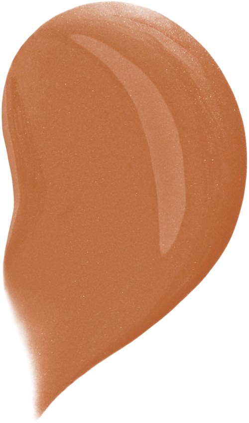 A close-up of a teardrop-shaped, beige-colored makeup sponge with a shiny surface.