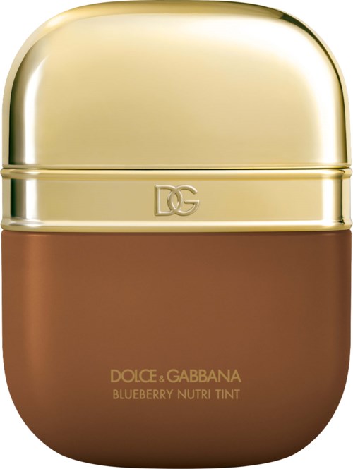 En lille brun og gul beholder med Dolce & Gabbana-logo; den er mærket som blueberry Nutri Tint.