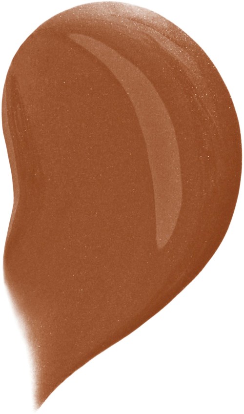A brown makeup foundation swatch, teardrop shape with a shiny finish.