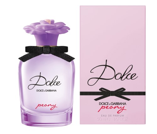 En parfyllflaska med ett blomformigt lock i lila, svart rosett och ljusrosa förpackning, märkt 'Dove Peony' och 'Dolce & Gabbana'.