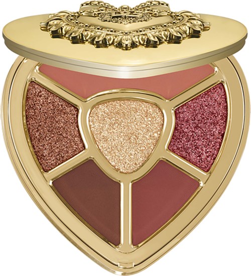 En gold- og rosa hjerteformet makeuppalette med fem blanke øjenskygger i roseguld og brune nuancer.