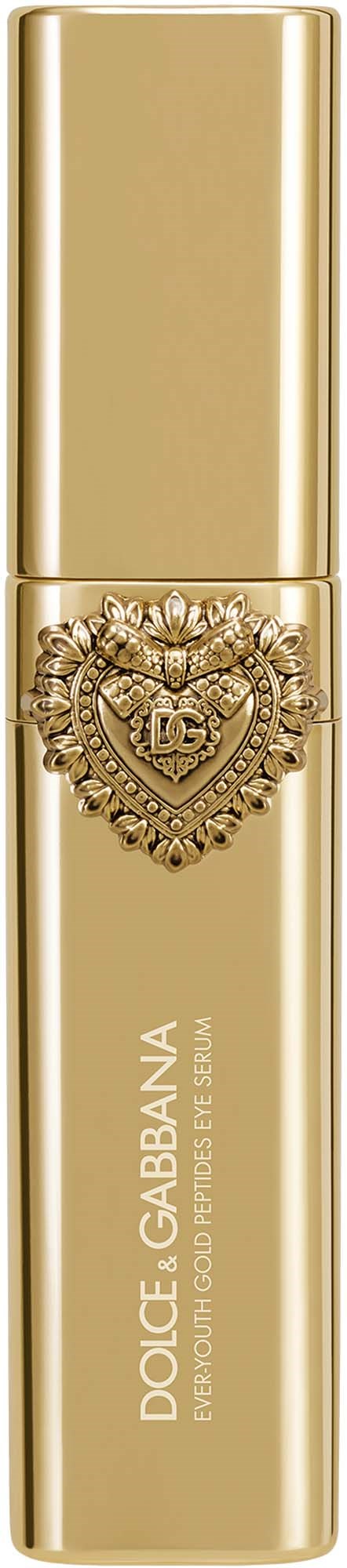 Złoty sztyft do ust z ozdobnym sercem i kwiatowym logo oraz nazwą marki Dolce & Gabbana.