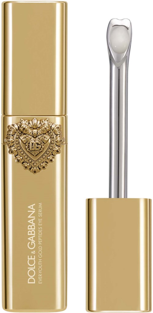 Serum do ust Dolce & Gabbana w złotej tubce z ozdobnym sercem i przezroczystym aplikatorem.